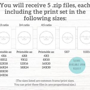 Puede incluir: Un gr&aacute;fico que muestra cinco tama&ntilde;os de impresi&oacute;n diferentes disponibles para comprar. Los tama&ntilde;os se enumeran en pulgadas e incluyen 4x6, 8x12, 12x18, 16x24, 20x30 y 24x36. El gr&aacute;fico tambi&eacute;n incluye el texto "Cuadrado disponible a pedido".