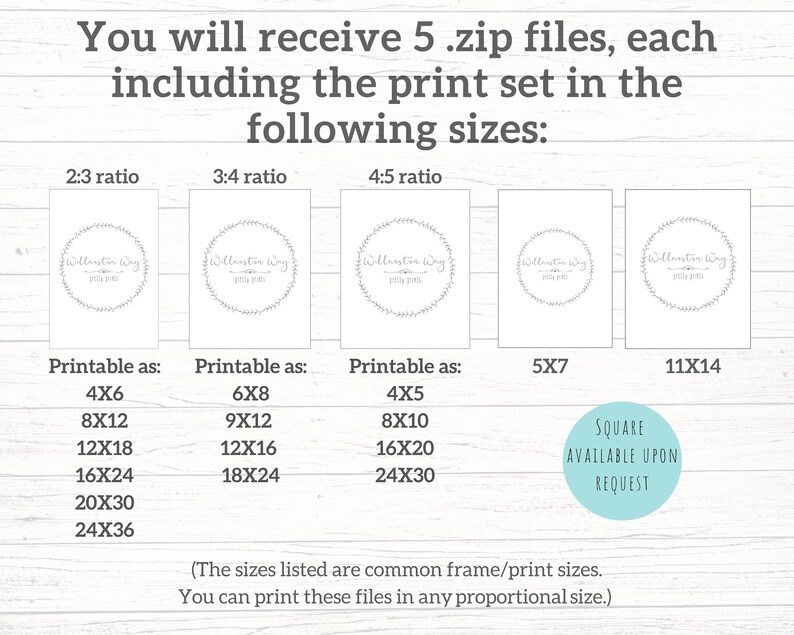 Puede incluir: Un gr&aacute;fico que muestra cinco tama&ntilde;os de impresi&oacute;n diferentes disponibles para comprar. Los tama&ntilde;os se enumeran en pulgadas e incluyen 4x6, 8x12, 12x18, 16x24, 20x30 y 24x36. El gr&aacute;fico tambi&eacute;n incluye el texto "Cuadrado disponible a pedido".