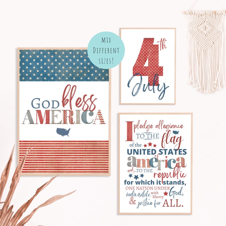 Puede incluir: Tres dise&ntilde;os patri&oacute;ticos imprimibles en rojo, blanco y azul. El primer dise&ntilde;o dice "God Bless America" con un dise&ntilde;o de bandera estadounidense rojo, blanco y azul. El segundo dise&ntilde;o es un gran n&uacute;mero "4" con lunares rojos y blancos y la palabra "Julio" en azul. El tercer dise&ntilde;o dice "Juro lealtad a la bandera de los Estados Unidos de Am&eacute;rica y a la rep&uacute;blica para la que se mantiene, una naci&oacute;n bajo Dios, indivisible con libertad y justicia para todos."
