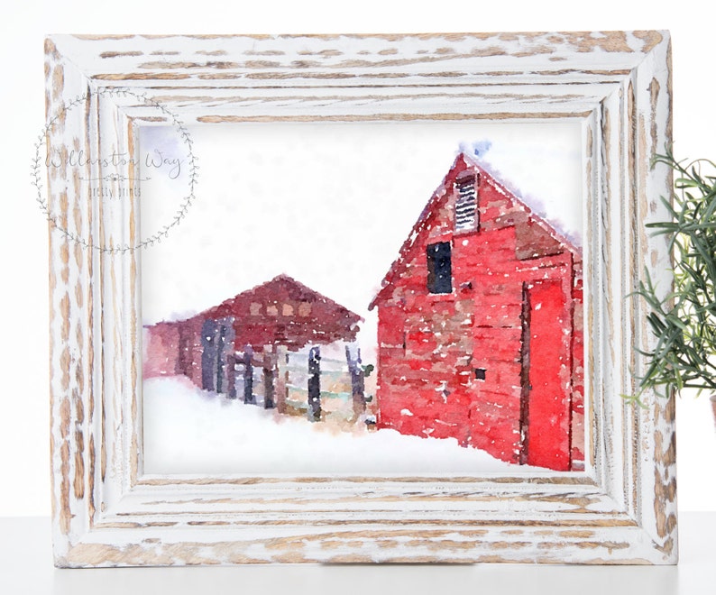 Old Red Barn Watercolor Painting Art Print | Rustic Winter Farmhouse ...