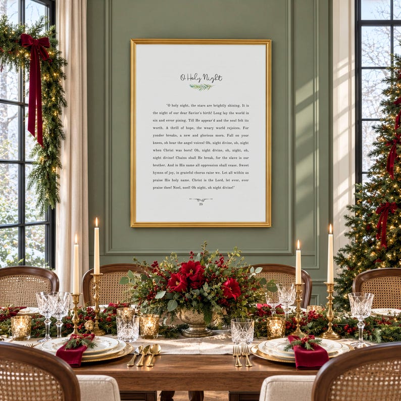 May include: A framed wall art print featuring the lyrics to O Holy Night in black text on a white background, centered above a dining table set with a floral centerpiece, crystal glassware, gold candlesticks, and red cloth napkins.