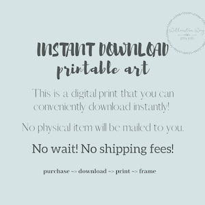 Puede incluir: Anuncio de una impresi&oacute;n de arte digital con el texto &laquo;DESCARGA INSTANT&Aacute;NEA arte imprimible&raquo;. El texto explica que la impresi&oacute;n digital est&aacute; disponible para descarga instant&aacute;nea, sin env&iacute;o de un art&iacute;culo f&iacute;sico. Los pasos son: compra, descarga, impresi&oacute;n y enmarcado.