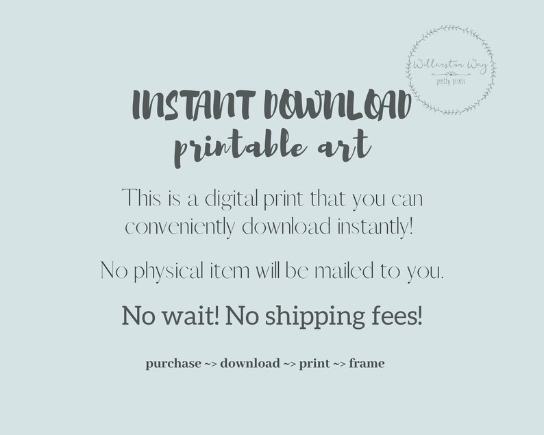 Puede incluir: Anuncio de una impresi&oacute;n de arte digital con el texto &laquo;DESCARGA INSTANT&Aacute;NEA arte imprimible&raquo;. El texto explica que la impresi&oacute;n digital est&aacute; disponible para descarga instant&aacute;nea, sin env&iacute;o de un art&iacute;culo f&iacute;sico. Los pasos son: compra, descarga, impresi&oacute;n y enmarcado.