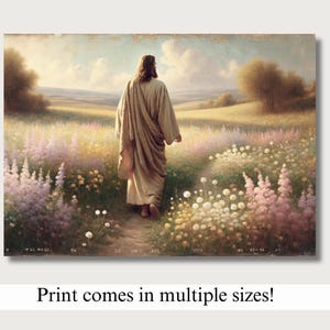 May include: A painting of a man in a long robe walking through a field of flowers. The man is walking away from the viewer and the field is filled with a variety of flowers in shades of pink, purple, and white.