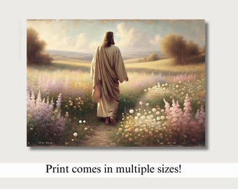 Jesus Christ Walking Flowers, Oil Painting of Jesus Christ, Christian Art Poster, LDS Art, Portrait Jesus Christ, Digital Art of the Savior