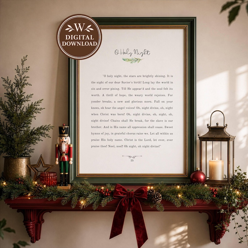 May include: A framed wall art print featuring the lyrics to O Holy Night in black text on a white background, displayed in a dark green frame with gold trim. The print includes a small green sprig graphic and the number 25 at the bottom.