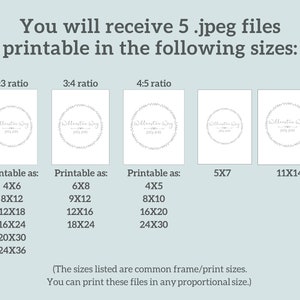Puede incluir: Una gu&iacute;a de tama&ntilde;os de archivos de impresi&oacute;n de arte digital. La imagen muestra cinco impresiones rectangulares blancas con el texto "Williston Way" en un dise&ntilde;o circular. El texto superior dice "Recibir&aacute;s 5 archivos .jpeg imprimibles en los siguientes tama&ntilde;os:" y enumera los tama&ntilde;os de impresi&oacute;n.