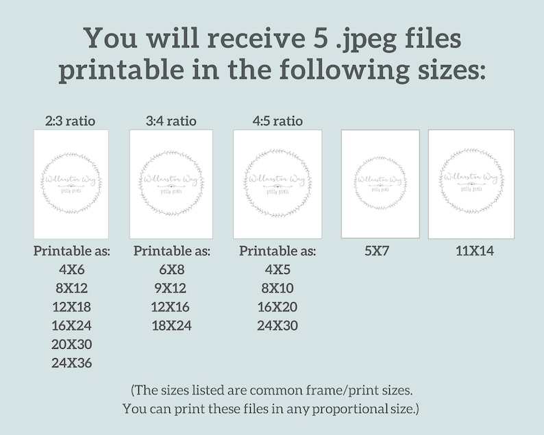 Puede incluir: Una gu&iacute;a de tama&ntilde;os de archivos de impresi&oacute;n de arte digital. La imagen muestra cinco impresiones rectangulares blancas con el texto "Williston Way" en un dise&ntilde;o circular. El texto superior dice "Recibir&aacute;s 5 archivos .jpeg imprimibles en los siguientes tama&ntilde;os:" y enumera los tama&ntilde;os de impresi&oacute;n.