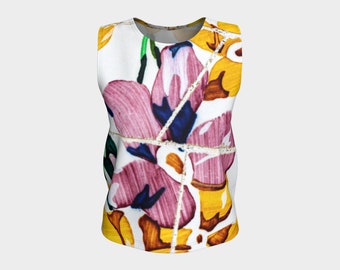 May include: A sleeveless tank top with a floral print. The print features pink, yellow, blue, and brown flowers on a white background.