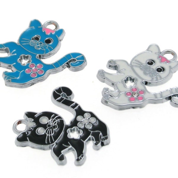 Kitty Charm, Zinc Alloy enameled Cat Pendant, available in 3 Colors, 27 X 24mm Sold Per Piece or Packs of 3 Pieces