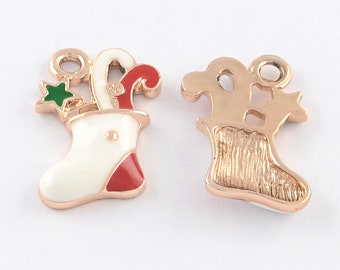 Chirstmas Sock Charm, Zinc Alloy enameled Xmas Sock Pendant, Rose Gold Plated  21 X 14mm Sold Per Piece or Packs of 4