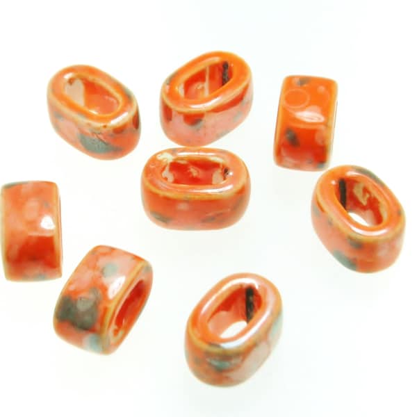 Ceramic Bead Tube Slider, Orange Glazed Ceramic Tube Beads, Ideal for for 10 x 6mm Oval Licorice Leather 2 Pieces