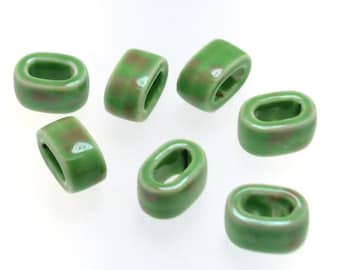Ceramic Bead Tube Slider, Green Glazed Ceramic Tube Beads, Ideal for for 10 x 6mm Oval Licorice Leather 2 Pieces