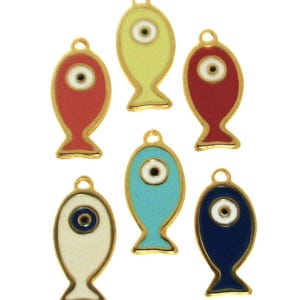 Enamelled Fish Charms Gold Plated. Available in 6 Colours. Designer Charms Limited Stock. Evil Eye Fish Lucky Charms. Sold individually
