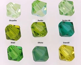Swarovski 5301 / 5328 Bicone Beads in Shades of Green. Sizes 4, 6 & 8mm. Sold in Packs of 6 and 12 Beads.