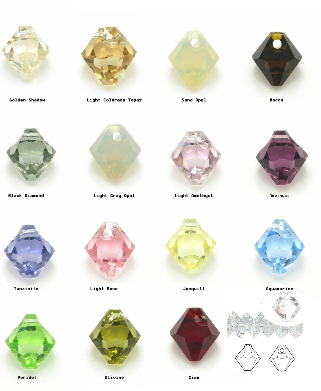 Swarovski® 6301 Top Drilled Bicone Pendant Beads. Sold in Packs of 6 Pieces. Available in 6 & 8mm and in Various Colours.