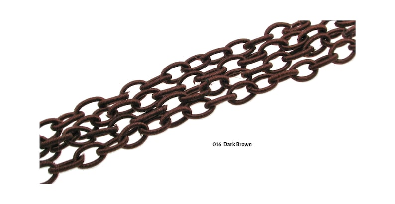 May include: A close-up of a dark brown elastic chain. The chain is made of a series of connected oval links. The chain is a popular choice for crafting and jewelry making.