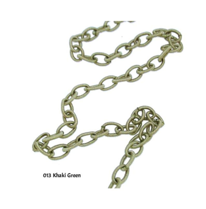 May include: A close-up of a khaki green chain made of woven fabric. The chain is looped and draped on a white background. The text "013 Khaki Green" is visible in the lower left corner of the image.