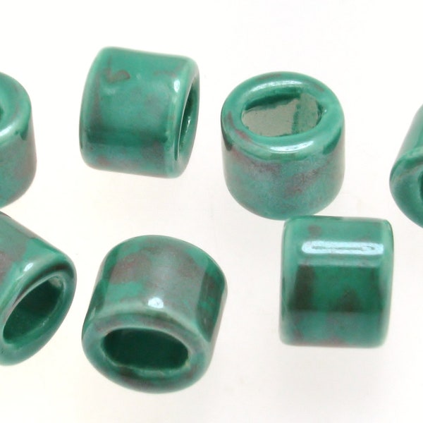 Ceramic Bead Tube Slider, Green Glazed Ceramic Tube Beads, Ideal for for 10 x 6mm Oval Licorice Leather 2 Pieces