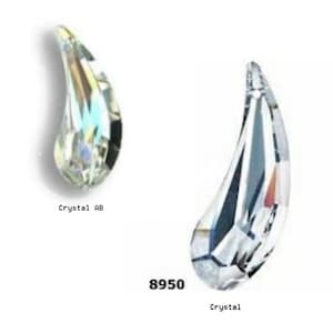 May include: Two crystal teardrop pendants, one with an iridescent finish labeled "Crystal AB" and the other clear labeled "Crystal" with the number "8950" below.