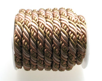 6mm Round Bronze Color Twisted Polyester and Satin Cord, Semi-soft Cord,Twisted Designer Cord sold in Lengths of 1 Meters / 1.10  Yards