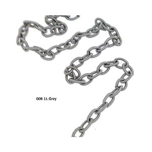 May include: A silver chain with a light gray color. The chain is made of metal and has a linked design. The chain is about 1 meter long.