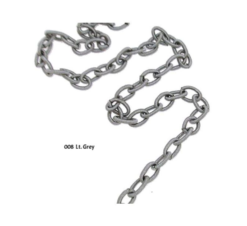May include: A silver chain with a light gray color. The chain is made of metal and has a linked design. The chain is about 1 meter long.