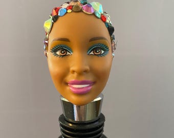Diamond Diva Doll-Inspired Wine Bottle Stopper | Upcycled Doll Head Barware | Fun Retro Gift for Wine Lovers