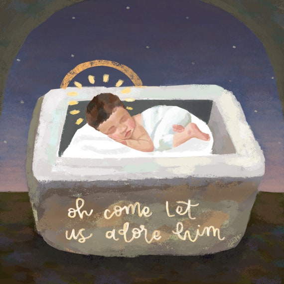 Baby Jesus Stone Manger Scene / Christmas Nativity Art Print Etsy