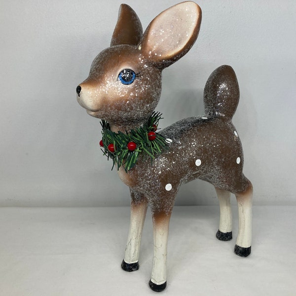 Retro Style Wooden Spotted Fawn Deer with Wreath 14”