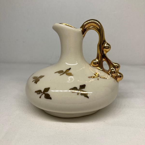 Vintage Small Pitcher Bud Vase Gold Accents