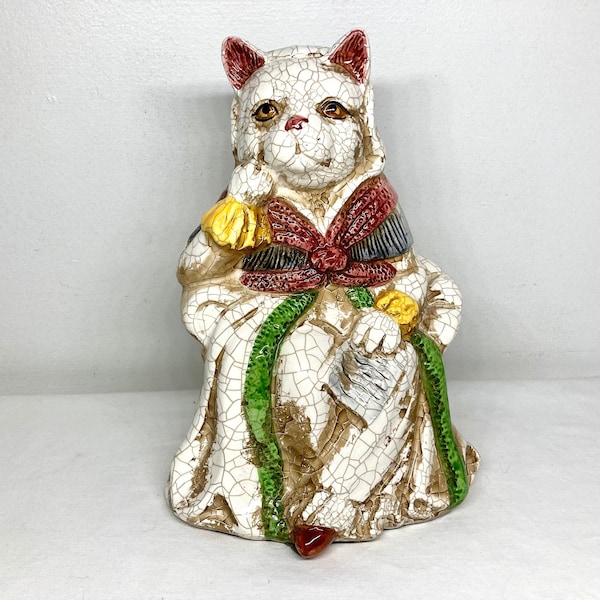 Vintage Mid Century Dressed Cat Statue Crackle Finish 10”