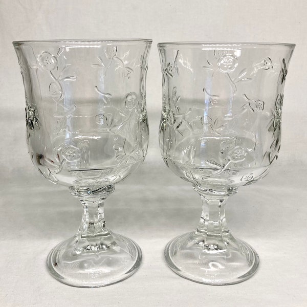 Vintage Large Anchor Hocking Savannah Clear Wine Glasses with Embossed Roses Set of 2