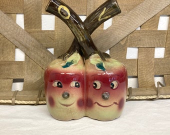 Rare Vintage Elbro Anthropomorphic Apple Face Oil & Vinegar Cruet Set