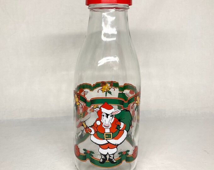 Vintage Christmas Cow Milk Glass Bottle by Sherwood Brands France 9.5