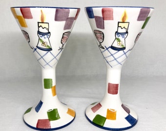 Unique Hand Painted Ceramic Wine Glasses Set of 2