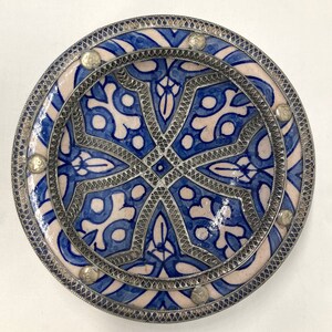Antique Moorish Moroccan Ceramic Bowl Adorned with Silver Filigree from Fez