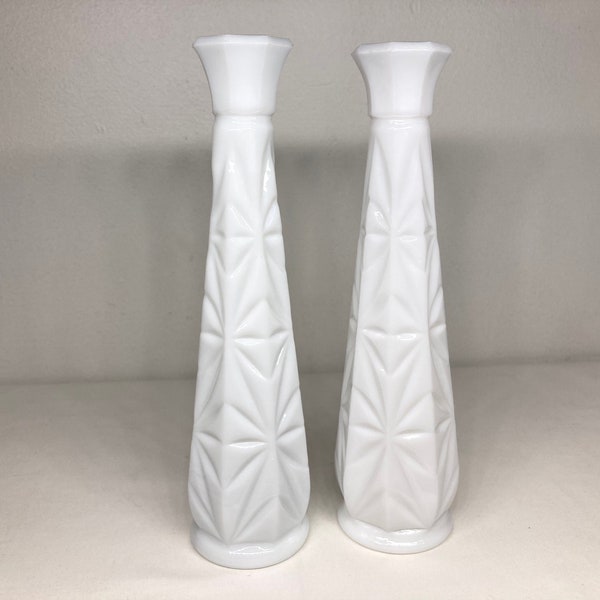 Vintage Hoosier Glass Starburst Pattern White Milk Glass Bud Vase 9” Tall Set of 2