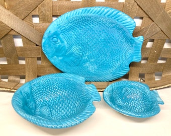 Rare Baum Bros Blue Embossed Fish Collection 3 Piece Set