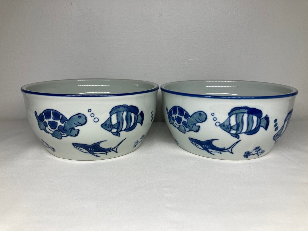 Vintage Yokohama Studio Japan Rice Noodle Soup Bowl White Blue Etsy