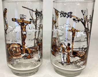 Vintage Libbey Life of Jesus Drinking Glass Tumblers Set of 2