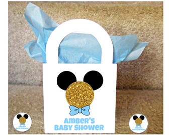 Glitter Mickey with bow Tie Baby Shower Treat Bags Candy Favor PERSONALIZED SET of 12-Fully Assembled with Tissue~Mini Size Free Ship!