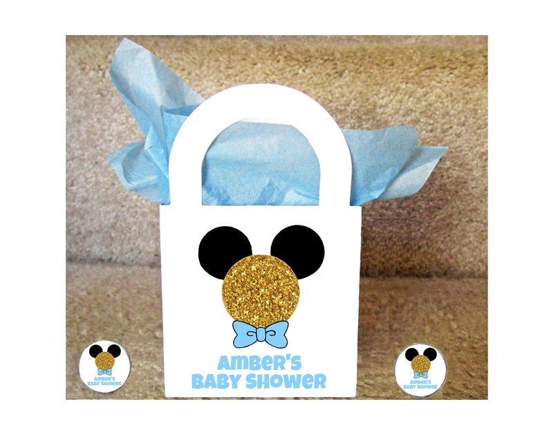 Glitter Mickey with bow Tie Baby Shower Treat Bags Candy Favor PERSONALIZED SET of 12-Fully Assembled with Tissue~Mini Size Free Ship!
