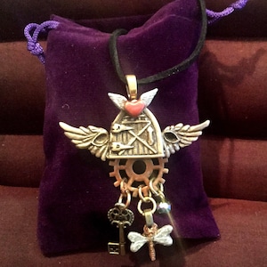 B205 Large Steampunk bronze,  handmade, original, suede cord, angel wings , real watch parts, 2 colors of bronze