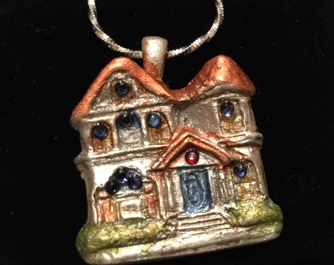 S227 SILVER .999 SILVER Victorian house, gift teens or mom, handmade, 11 Swarovski Crystals, sterling silver chain