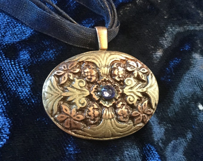 C10 copper floral pendant, handmade, charm, unique, ,signed, multi strand ribbon necklace, rich patina, gilders paste, Swarovski Crystal