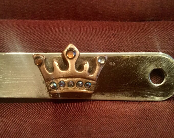 B212  Bronze letter opener, crown with gems, handmade, mounted on silver color letter opener with leather sheath