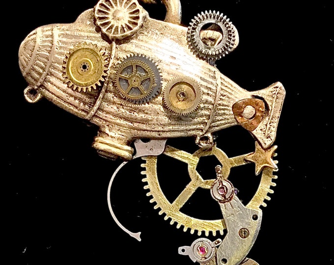 CF044 STEAMPUNK  pendant, bronze, handmade, delicate etched watch parts, gems, dangling watch cogs, bronze link chain