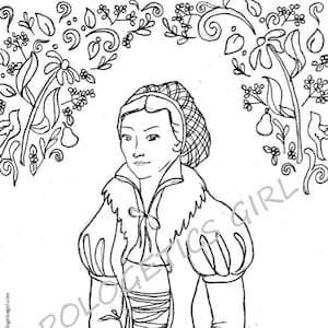 May include: A black and white line drawing of a woman wearing a bonnet and a jacket with a pouch on her belt. The woman is standing with her hands clasped in front of her. The drawing is surrounded by a decorative border of flowers and leaves.