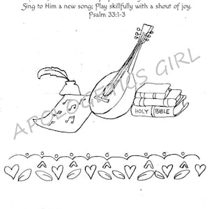 Coloring Page! Printable, Instant Download, Music, Instruments, Bible Verse, Scripture, Sing to the Lord! Hearts, Lute, Books, Medieval